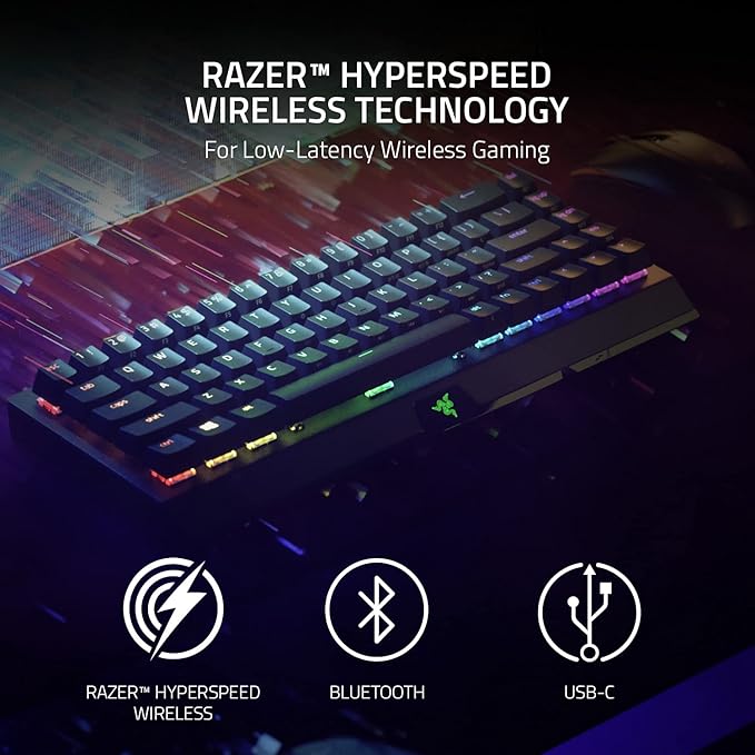 Razer BlackWidow V3 Mini HyperSpeed 65% Wireless Mechanical Gaming Keyboard: Green Mechanical Switches Tactile &amp Clicky - Doubleshot ABS Keycaps - Chroma RGB - Up to 200 Hr Battery - Snap Tap
