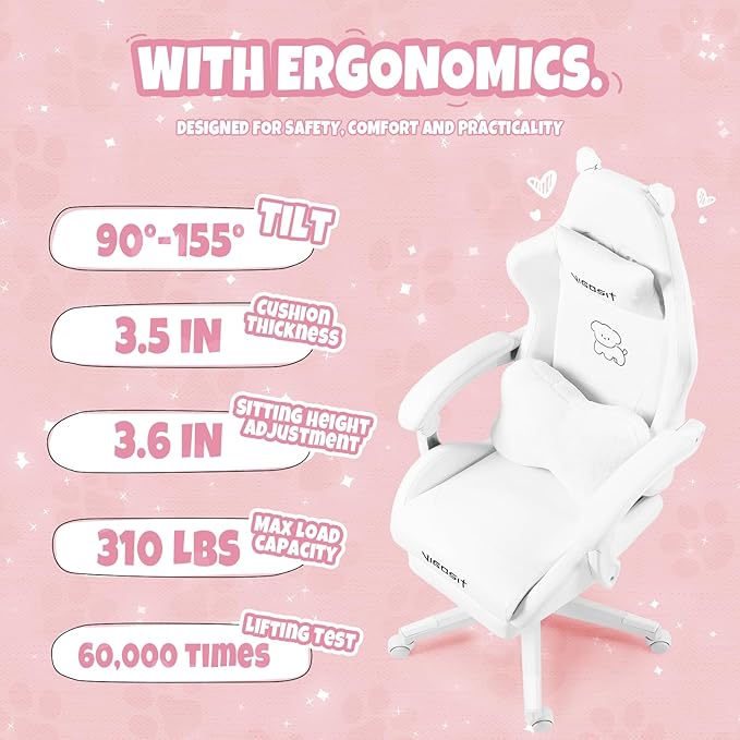 Cute Cat Ears Gaming Chair Girly Ergonomic Computer Chair with High Back 360° Swivel Office Computer Chair with Footrest and Paw Lumbar Cushion for Teens Girls Women (White)
