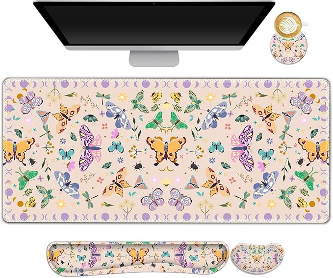 ARTSO Desk Mat Set Apricot Extended Gaming Mouse Pad with Wrist Rest Support +Keyboard Wrist Rest +Coaster Large Cute Butterfly Mousepad Easy Typing and Pain Relief