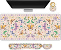 ARTSO Desk Mat Set Apricot Extended Gaming Mouse Pad with Wrist Rest Support +Keyboard Wrist Rest +Coaster Large Cute Butterfly Mousepad Easy Typing and Pain Relief