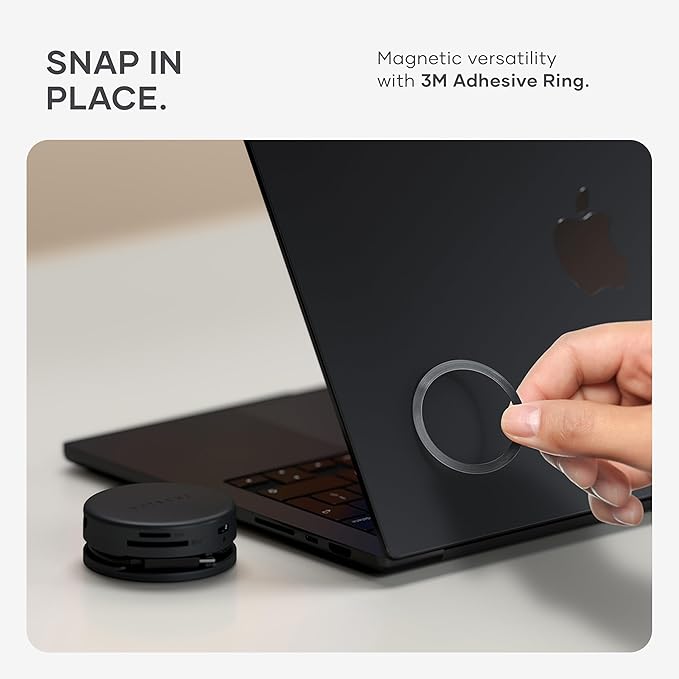Satechi OntheGo™ 7-in-1 USB-C Hub Compact Magnetic Multiport Adapter 100W PD HDMI 4K/60Hz Gigabit Ethernet 2×USB-A 5Gbps SD/microSD Reader Coiled Cable for Mac &amp Windows – Space Black