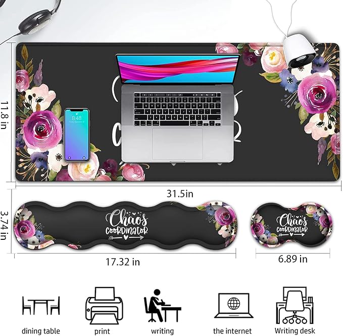 Gaming Mouse Pad and Keyboard Wrist Rest Large Extended Mouse Pad 31.5X 11.8Ergonomic Memory Foam Wrist Rest + Desk Mat Protector for Office/Home Writing Pad Vintage Watercolor Floral Mousepad
