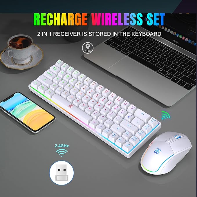 Snpurdiri 60% Wireless Gaming Keyboard and Mouse ComboLED Backlit Rechargeable 2000mAh BatteryMini Mechanical Feel Anti-ghosting Keyboard +Popular RGB Gaming Mice for PC Gamer (White)