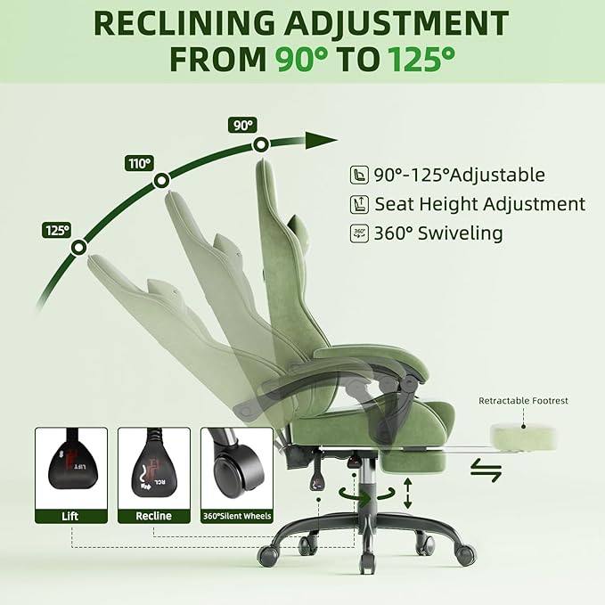 Ferghana Velvet Fabric Gaming Chair Ergonomic Gamer Chair for Adult Comfortable Video Game Chair with Footrest and Massage Lumbar Cushion Racing Reclining Office Home Computer Desk Chair Green