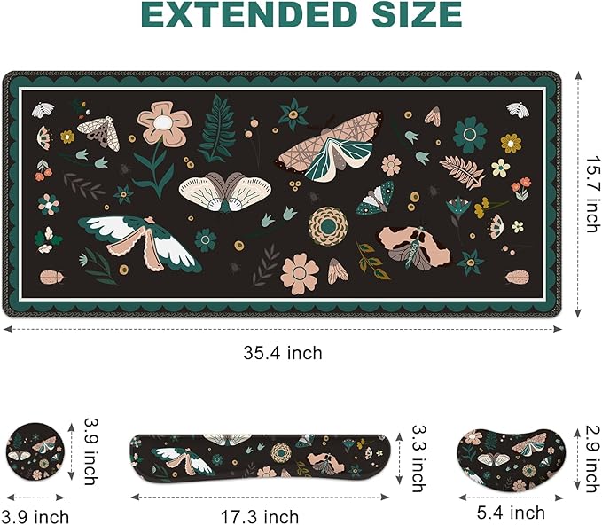 Large Mouse Pad and Keyboard Wrist Rest Desk Pad for Keyboard and Mouse Gaming Mousepad with Wrist Support Non-Slip Desk Mat for Home Office Black Butterfly Flower
