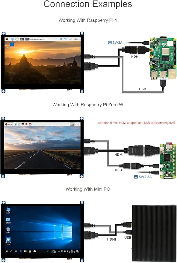 Waveshare 5 Inch HDMI LCD Screen 800x480 TFT Capacitive Touch Screen Display Monitor for Raspberry Pi 4B/3B+/A+/B/2B/B+/A+/Zero W Compatible with Windows 10/8.1/8/7