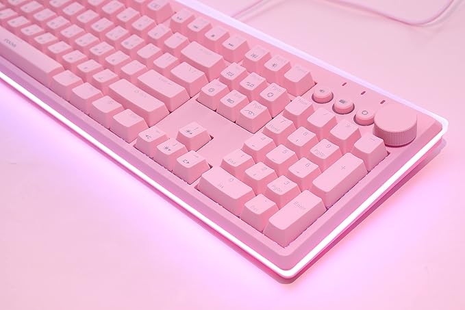 i-rocks K71M RGB Mechanical Gaming Keyboard with Media Control Knob Switches (Blue) 107 Keys w/Full NKRO PBT Keycaps Multimedia Hotkeys Detachable USB-C Cable and Onboard Storage Pink