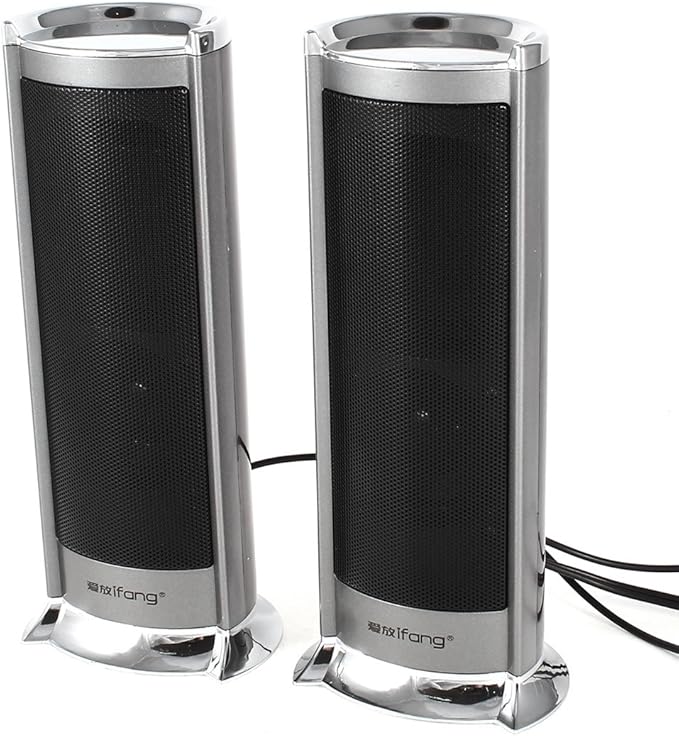 Pair Silver Tone Gray Cylindrical USB 2.0 3.5mm Mini Desktop Sound Speaker Box