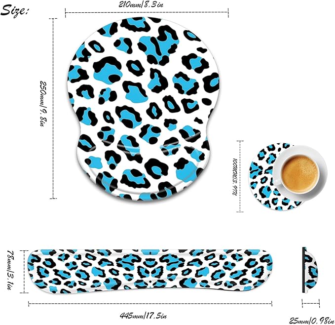 Bxgolkgd Ergonomic Gel Mouse Wrist Rest Pad and Keyboard Pad SetAnti-Slip PU Bottom Easy Typing and Relieve Wrist Pain with Cute Coaster Set (3-Blue Leopard Print)