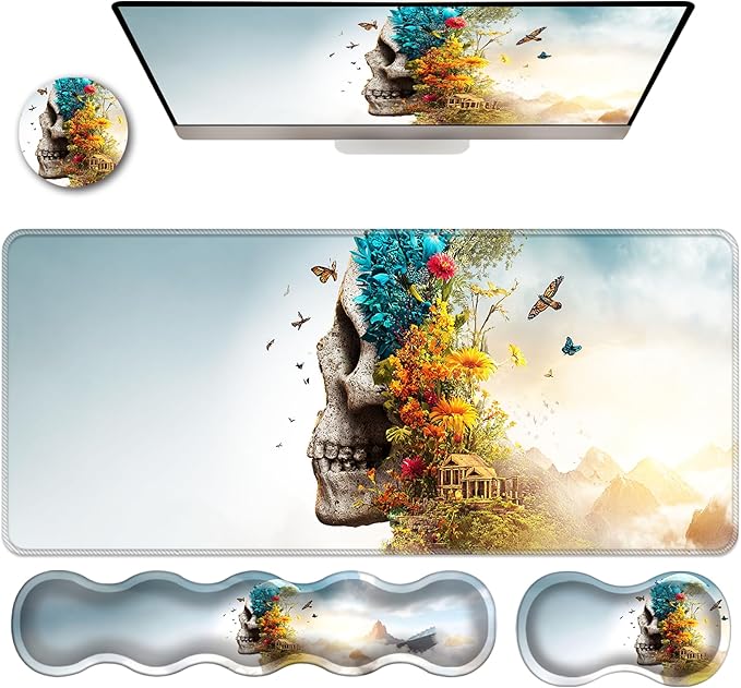 Ergonomic Keyboard Wrist Rest &amp Mouse Pad Wrist Rest SetXL Gaming Desk Mat 31.5x 11.8Non-Slip BaseMemory FoamEasy Typing Pain Relief for Office &amp HomeSkull with Tropical Jungle