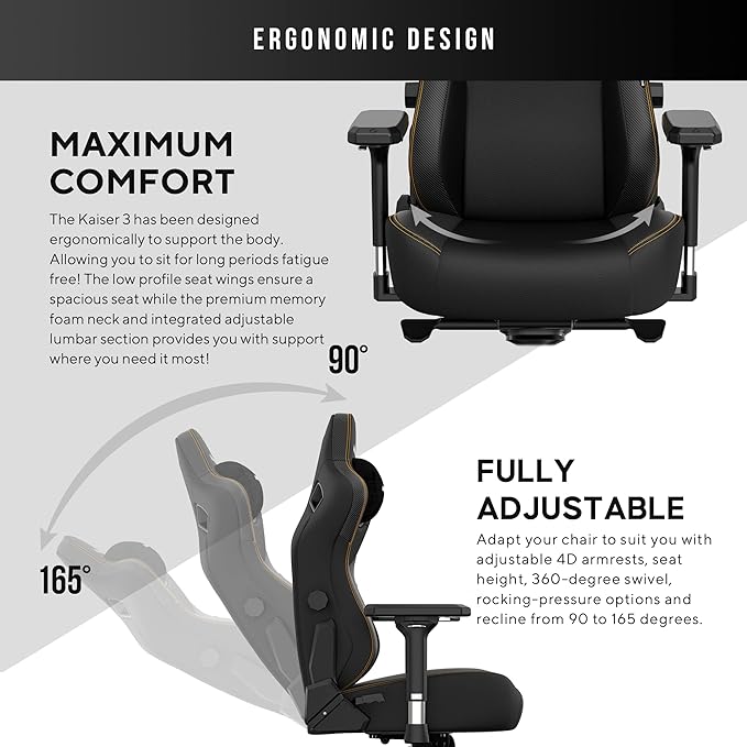 Anda Seat Kaiser 3 Large Gaming Chair for Adults - Ergonomic Black PVC Leather Gaming Seat with Lumbar Support Comfortable Office Chair with Neck Support - Heavy Duty Wide Computer Seat