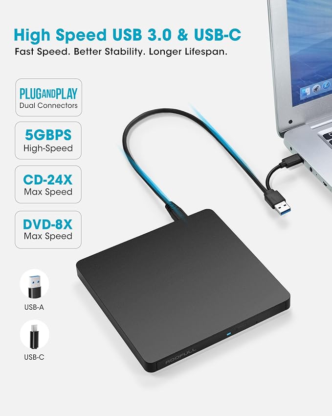 ROOFULL External CD/DVD Drive USB 3.0 &amp USB-C Ultra-Slim 0.5 High-Speed CD DVD Player Burner Reader Writer for Laptop Windows 11/10 Mac MacBook Linux OS