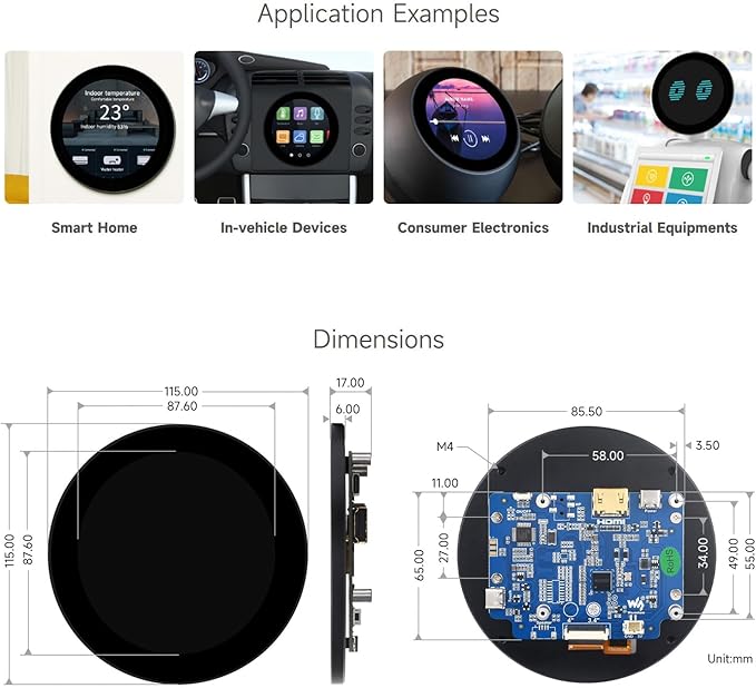 waveshare 3.4inch HDMI Round Touch Display 800×800 Resolution IPS 10-Point Touch Compatible with Raspberry Pi 5/4B/3B/Zero/Zero W/Zero 2W/Pico/Pico W/Pico WH Support Jetson Nano and Mini PC