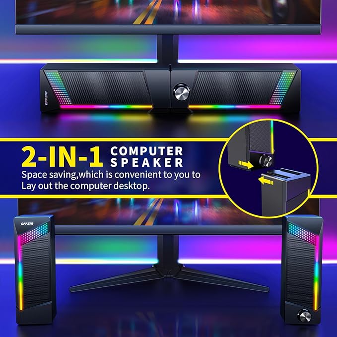 Computer Speakers 2 in 1 PC Speaker  Gaming Speakers for PC Computer Laptop Desktop Monitor RGB Speakers with Touch Sensitive Lighting USB Powered 3.5mm Aux（Package Only Two Speaker No Soundbar）