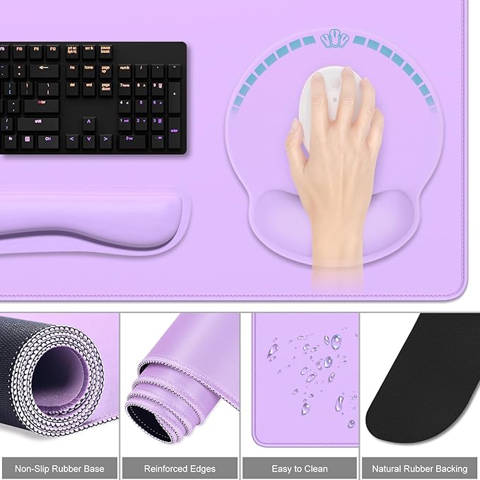 Dapesuom Large Gaming Mouse Pad Mouse Pads with Wrist Rest Wrist Support 4in1 Big XXL Desk Mat Desk Pad + Ergonomic Mousepad + Memory Foam Keyboard Mat Wrist Rest + Coaster Set for Computer Purple