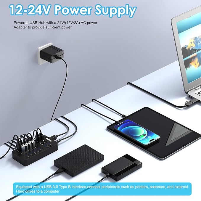 14-in-1 Powered USB Hub USB Data Hub w LED Individual On/Off Switches for MacBook/PC/Steam Deck &amp External HDDs 6 USB 3.03 USB 2.02 USB-A/C Charging1 USB-C 3.01x PD 60W1x Type-B for HDD Doc