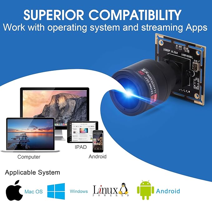 1080P USB Camera Module 0.01Lux Low Light Camera with 2.8-12mm Varifocal Lens H.264 2MP CMOS IMX323 UVC Industrial Webcam Board for Window Linux Android Mac OS