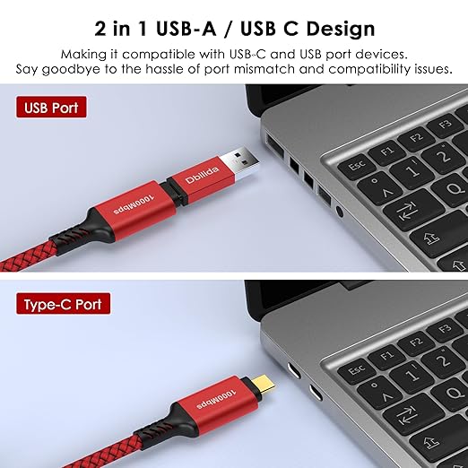 USB C to Ethernet Cable 25 FT - 2 in 1 USB A/C to RJ45 Cable 1Gbps Braided Ethernet to USB C Cable Type C to RJ45 Ethernet for Thunderbolt 4/5 MacBook Pro/Air iPhone 16/17 XPS Galaxy S24