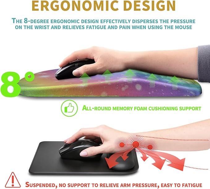 Hokafenle Ergonomic Mouse Pad Wrist Support with Massage Design Wrist Rest Pain Relief Mousepad with Memory Foam&ampNon-Slip PU Base Mouse Pads for Wireless Mouse &amp Desk (12x8 inchRainbow Bubb