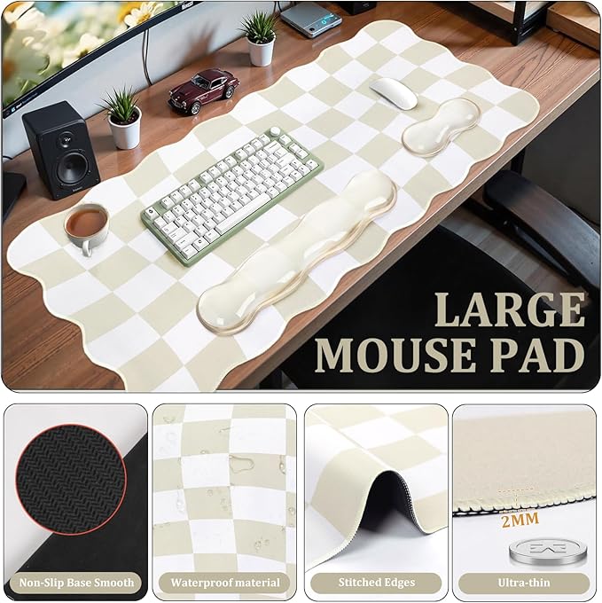 L-SPOUTTO Beige Checkered Mouse Pad SetScalloped XXL Desk Mat + Ergonomic Mouse Wrist Rest + Gel Keyboard Wrist Rest for Keyboard 65%/75%3in1 Large Desk Pad for Desktop Home Office Computer Game