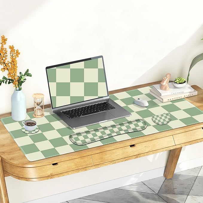 Large Gaming Mouse Pad Set 4 in1 Ergonomics Keyboard Desk Mat with Memory Foam Wrist Rest Extended Game Mousepad Non-Slip Desk Pad Matt Easy Typing Pain Relief I Green Checkered