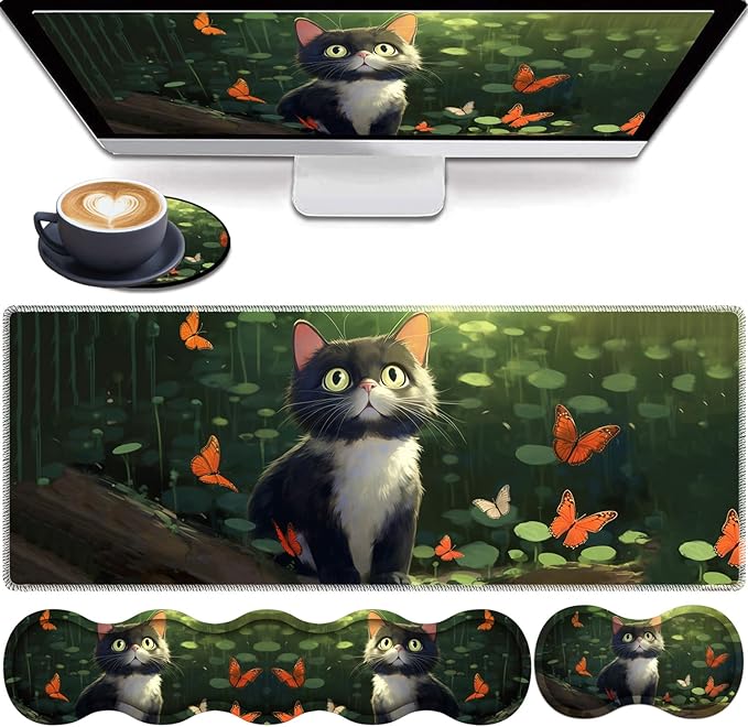 4 in 1 Mouse Pad Combo Large Gaming Mouse Pad + Keyboard Wrist Support + Mouse Wrist Rest + Coaster Table Pad with Stitched Edge Ergonomic Wrist Pad Set Butterfly and Cat