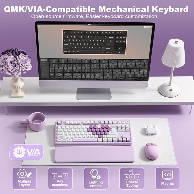 YUNZII B87 Wireless Mechanical KeyboardQMK/VIA ProgrammableTKL Layout 87 KeysBT/2.4G/USB-CHot Swap Gasket Mount RGB Backlit Gaming with Wrist Rest for Win/Mac (Purple Heart Milk V2)