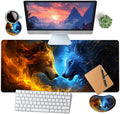 Large Mouse Pad with Mouse Wrist Rest 31.5x11.8 in Extended Mouse Mat with Non-Slip PU Base Ergonomic Memory Foam Wrist Rest for Work &amp Gaming Writing Pad Fire and Ice Wolf Office Desk Pad
