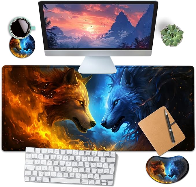 Large Mouse Pad with Mouse Wrist Rest 31.5x11.8 in Extended Mouse Mat with Non-Slip PU Base Ergonomic Memory Foam Wrist Rest for Work &amp Gaming Writing Pad Fire and Ice Wolf Office Desk Pad