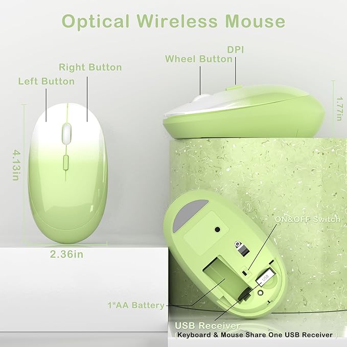 Colorful Wireless Keyboard and Mouse Combo COVEVA 2.4GHz Wireless Retro Cute Round Keycaps Keyboard 104 Keys Full-Sized Keyboard Mouse Set with Switch Button for PC Laptop Desktop (Green Gradient)