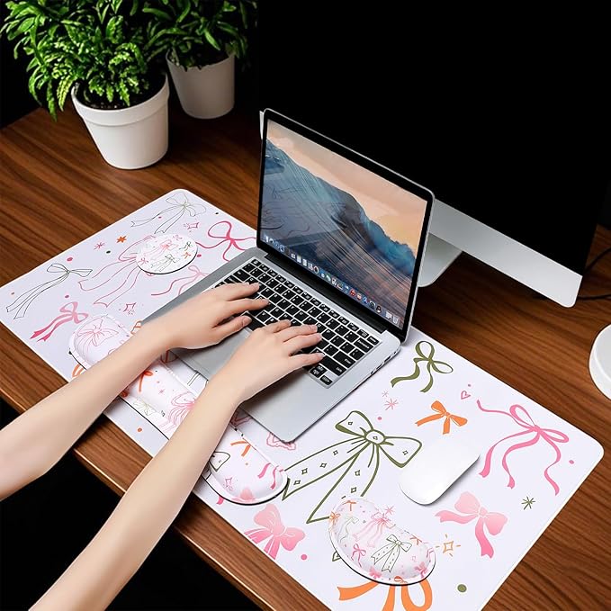 MEGREZ 4-in-1 Ergonomic Memory Foam Wrist Rest Set Desk Pad Mouse Pad with Wrist Rest Keyboard Pad Suitable for Office Workers Programmers &amp Gamers–Relieve Typing &amp Gaming Fatigue Bow