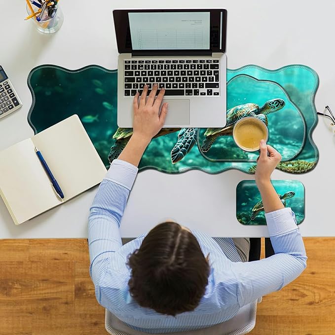 3-Piece Ergonomic Desk Mat &amp Cloud Wrist Rest Set Large 31.5 x 11.8 Wave Office Desk Pad with Memory Foam Support Non-Slip Computer Protector for Home Gaming &amp Writing Blue Sea Turtle