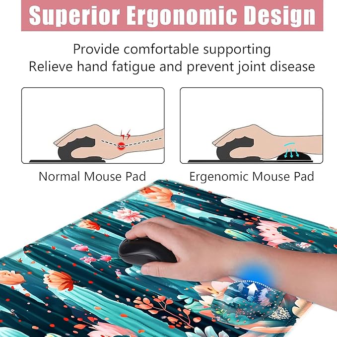Large Keyboard Mouse Pad Set Extended Mouse Pad+Keyboard Wrist Rest Support Memory Foam Ergonomic Easy Typing 4Pcs (31.5×11.8 in) Desk Pad Set for Office HomeCute Cactus Blooming Flowers