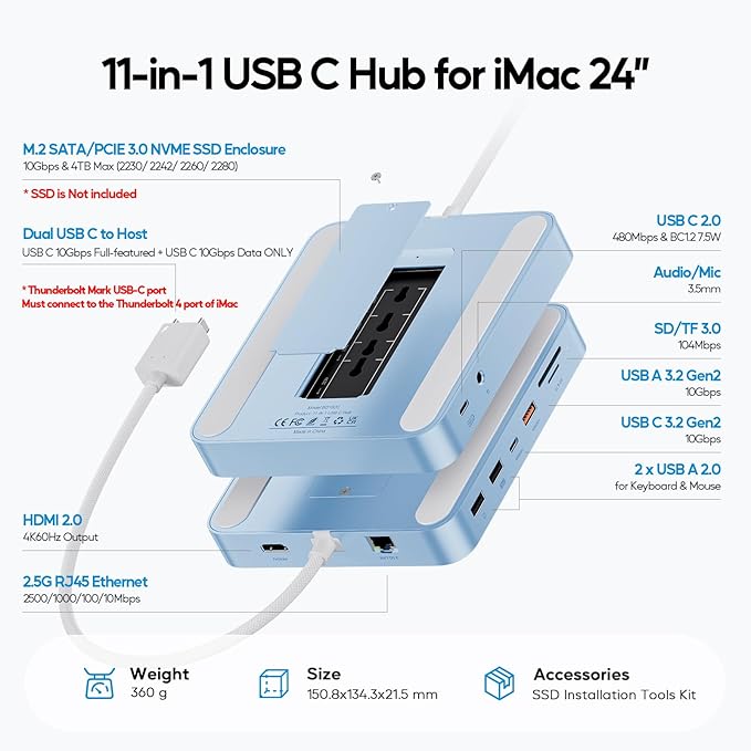 Upgraded 11 in 1 USB C Hub for iMac 24 inch USB Hub 2021 2023 2024 Support M.2 SSD (NOT Included) iMac Hub M1 M3 M4 Accessories 4K HDMI 2.5G Ethernet 5 USB A/C Max 10Gbps SD/TF - Blue