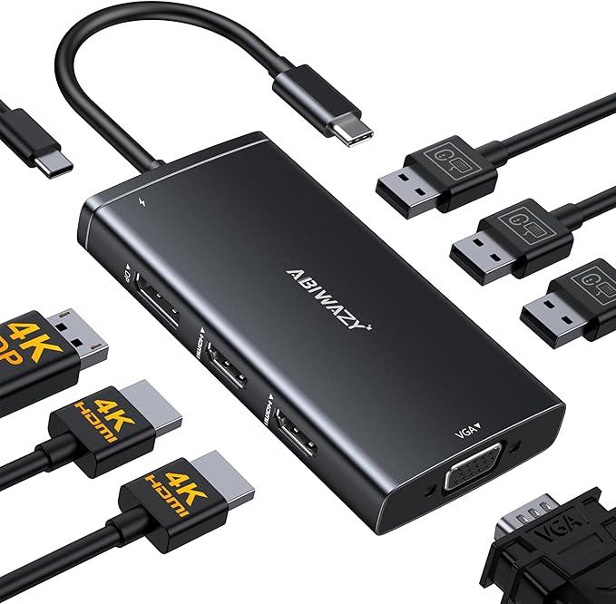 ABIWAZY USB C Docking Station Dual Monitor for HP Dell Lenovo Thinkpad Surface 8 in 1 Computer Multiple Monitor Hub Adapter to Dual 4K HDMIDisplayPortVGA 00W PD3 USB for Windows Laptops(Black)