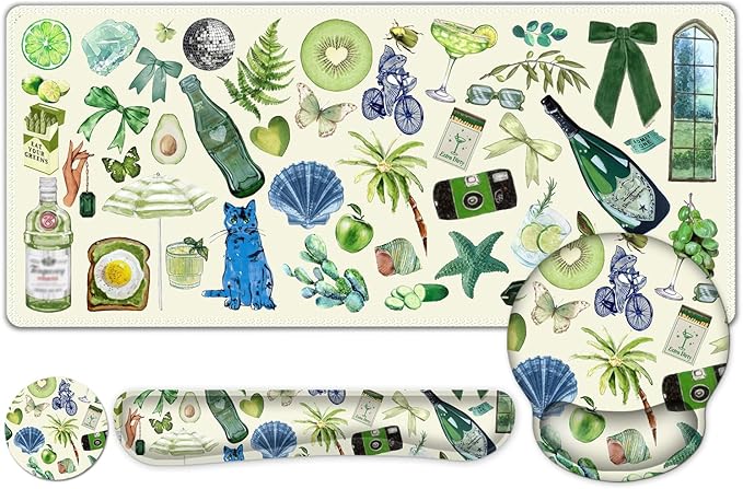 Mouse Pad 4 in1 Large Desk Mat Desk Pad Matt for Desktop Anti-Slip XXL Big Computer Ergonomic Mousepad with Wrist Support for Keyboard and Mouse for Women I Green Theme Stickers
