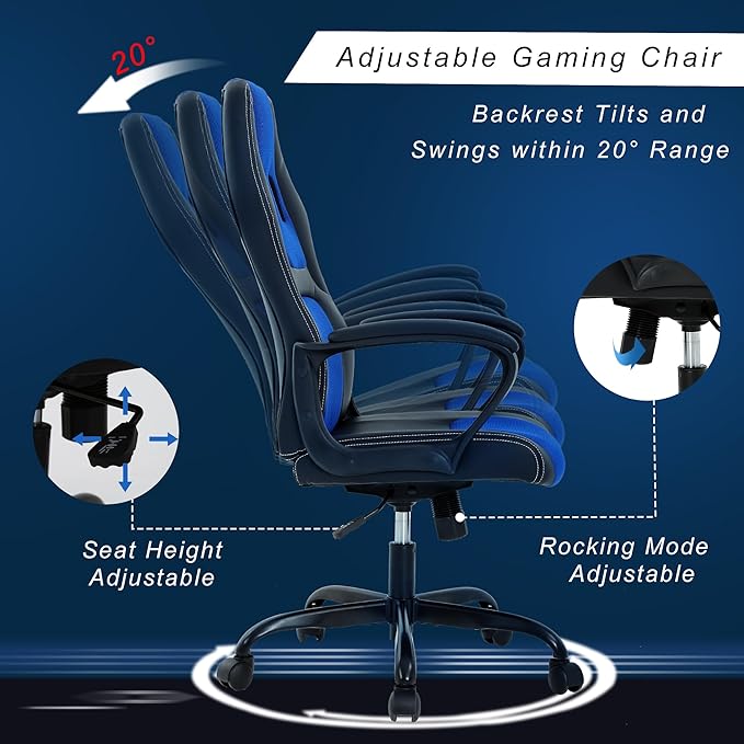 Silla Gamer Ergonomic Racing Chair - Blue Leather Massage Gaming Chair for Adults and Kids