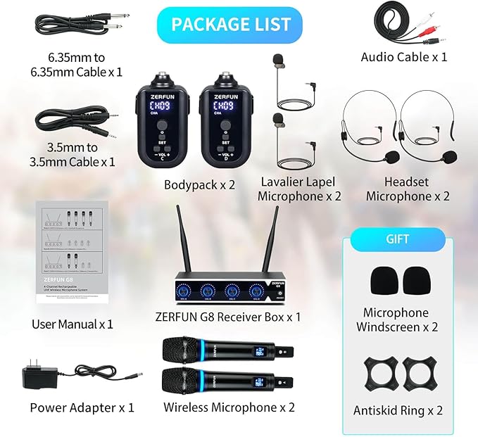 Rechargeable Wireless Microphone System 4 Channel Pro UHF Metal Handheld Headset Lavalier Lapel Mics Cordless for Church Karaoke Singing with Volume Control 4x50 Frequency(G8)