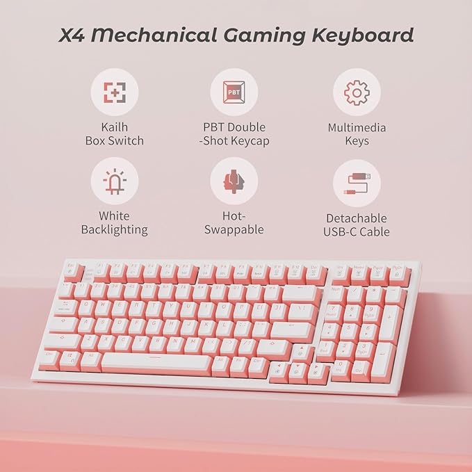 Hexgears X4 Wired Mechanical Keyboard with Number Pad USB-C Hot Swappable Custom Keyboard Pre-lubed Clicky Switches White LED Backlit Computer Gaming Keyboards for PC/Tablet