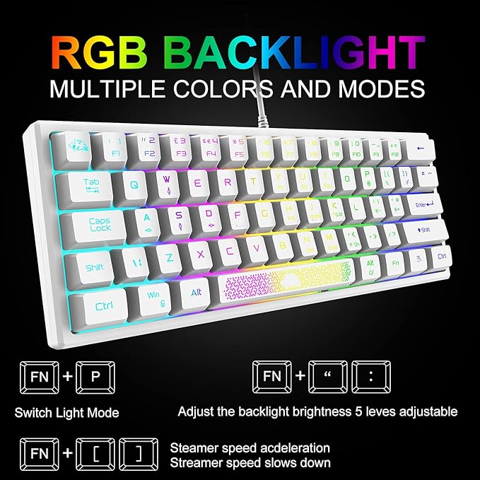 60% Gaming Keyboard and Mouse Combo Samll Mini RGB LED Backlight Mechanical Feeling and RGB 6400 DPI Honeycomb Optical MouseGaming Mouse pad for Gamers and Typists