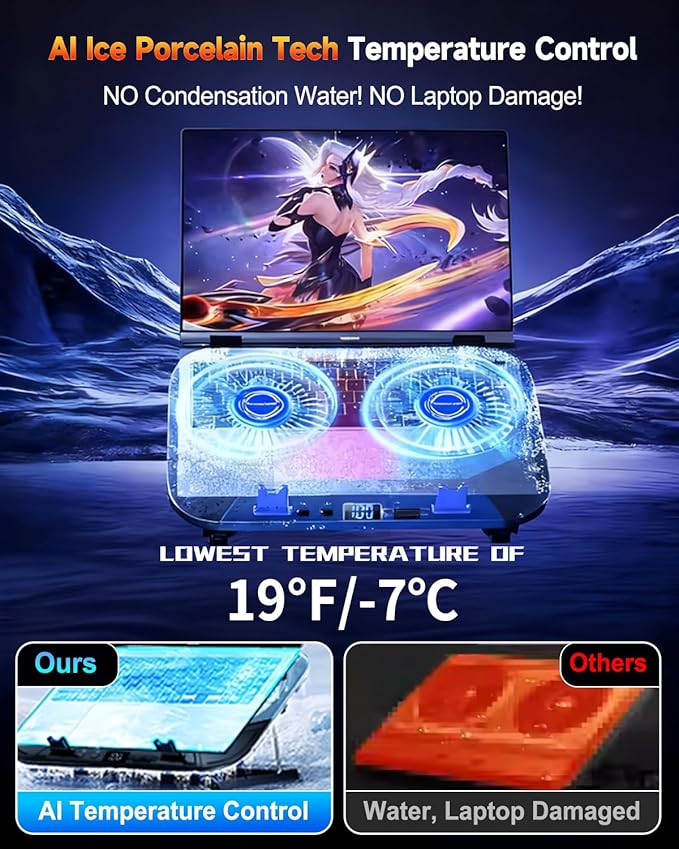 Upgraded Laptop Cooling Pad with Dual TEC Cooler Gaming Laptop Cooler 2 Powerful Turbo Fans Fast Cooling Laptop 12-21in 5 Height Stands 100 Gear Speed Adjust LCD Screen RGB Phone Holder
