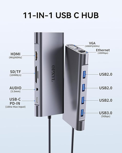 11-in-1 USB C Hub Multiport Adapter USB C Docking Station with 4K HDMI VGA 1080P 100W PD Ethernet SD/TF Audio USB 3.0 Port Laptop Dock for MacBook Pro/Air iPad Windows