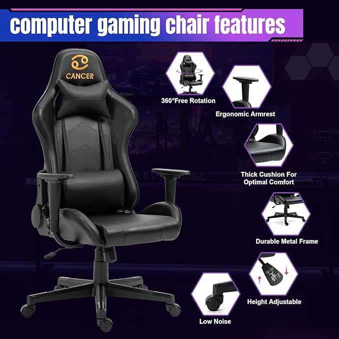 DIKEP Gaming Chair Office Chair High Back Computer Chair Leather Chair Racing Executive Ergonomic Adjustable Task Chair with Headrest and Lumbar SupportBlack