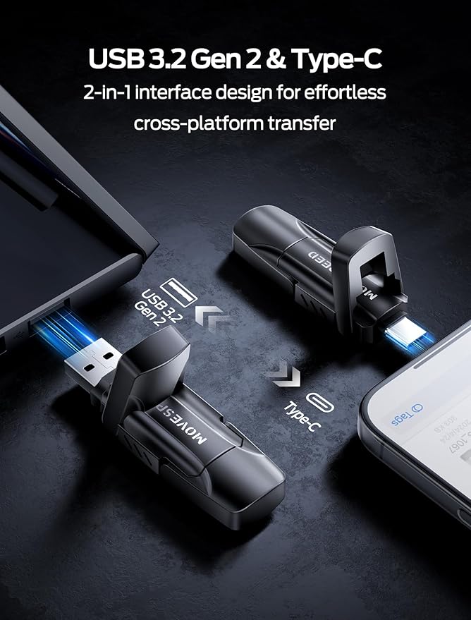 MOVE SPEED 128GB USB Drive 570MB/S Read Speed External SSD with Dual Port Type C + USB 3.2 Portable SSD for iPhone 17/16/15 Series Android Mac Windows