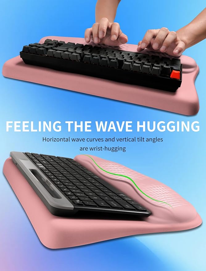 Ergonomic Wave Wrist Rest with Keyboard Stand Cushioned Palm Rest Comfortable Integrated Memory Foam for Natural Typing and Relieve Wrist Pain Pink Serenity
