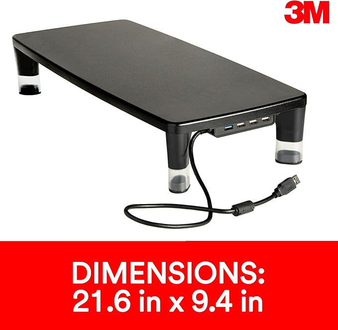 3M Adjustable Monitor Stand with 4-Port USB Hub Black Great for Computer Monitors Laptops TVs Speakers Printers and More
