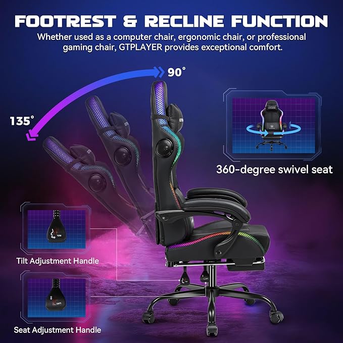 GTPLAYER RGB Gaming Chair with Speakers Computer Gamer Chair with Footrest and LED Lights PC Gamer Chairs for Adults High Back Reclining Office Chairs Linkage Armrest (Black with Speakers)