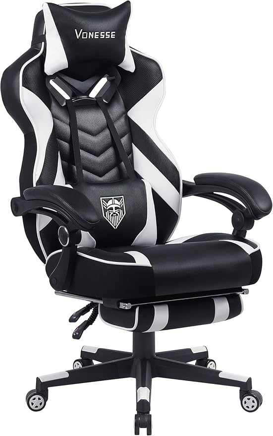 Vonesse Gaming Chair Big and Tall Gaming Chair with Footrest and Massage Gaming Chairs for Adults with Lumbar Support Ergonomic High Back Computer Chair with Pocket Spring Cushion (White/Black)