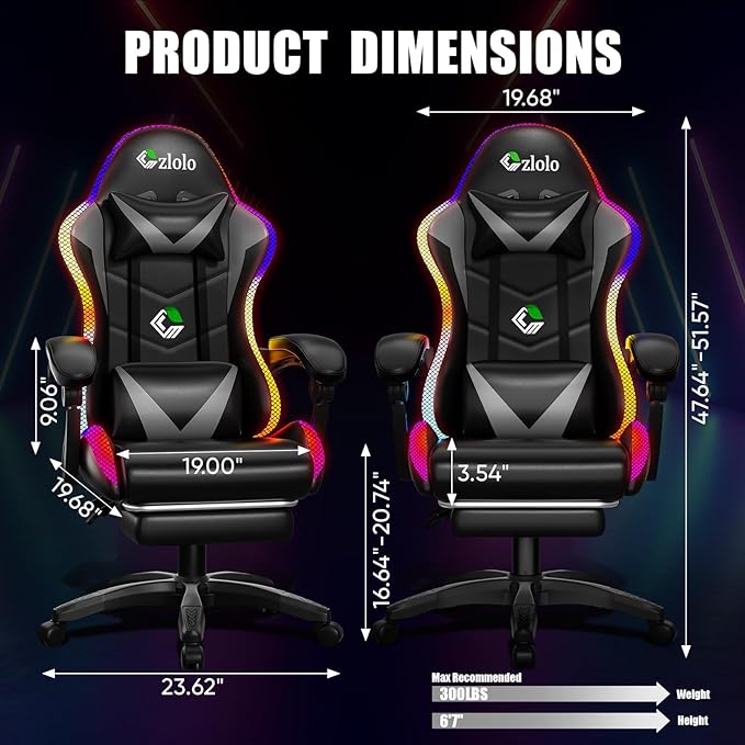 Gaming Chair RGB LED Lights Computer Chair with Footrest Lumbar Support Massager Gamer Chair High Back 90-135° Reclining Linkage Armrests Gray