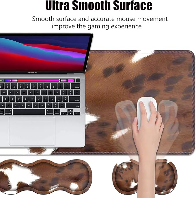 4 in 1 Ergonomic Memory Foam Mouse Pad Wrist Rest Set Large XXL Gaming Desk Pad + Keyboard Wrist Rest + Mouse Wrist Cushion + Coaster for Home Office Study Gaming Brown Cow Print
